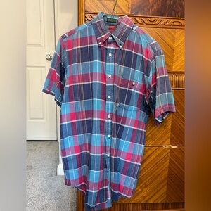 Men's Short-Sleeve Plaid Button-Down Shirt - Blue & Pink 100% Cotton